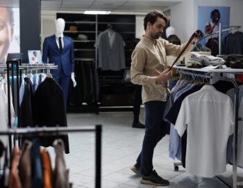 Caucasian man choosing leather belt and examining style while shopping in clothing store. Fashion boutique buyer selecting accessory and checking quality before making purchase
